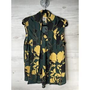 Anne Klein Blouse Womens Large Green Yellow Floral Sleeveless V Neck Top Shirt